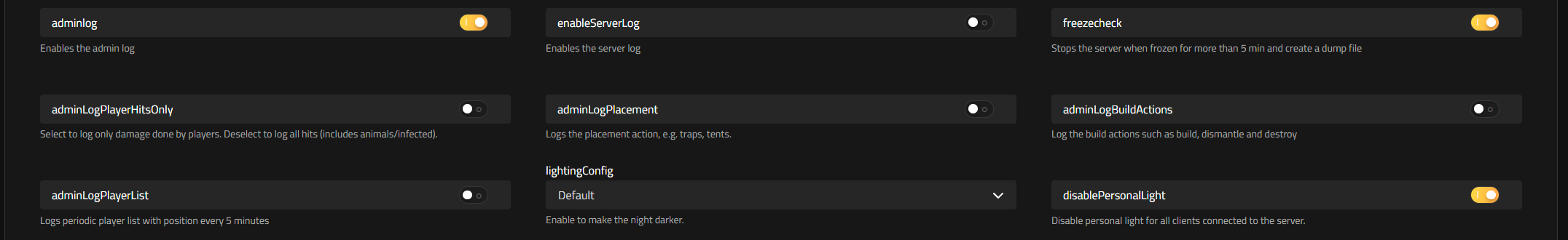 DayZ log settings showing their serverDZ.cfg names next to each toggle