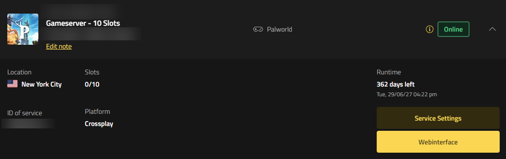 ウェブインターフェースボタンがあるPalworldサーバーのNitradoマイサービスの項目