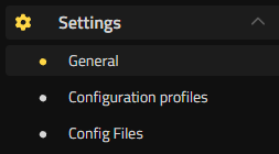 Menú de Ajustes de Palworld con los botones General, Perfiles de configuración y Archivos de configuración