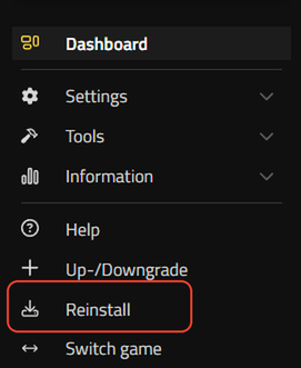 Menú izquierdo de Nitrado Webinterface con la opción de reinstalar resaltada para un servidor de Palworld