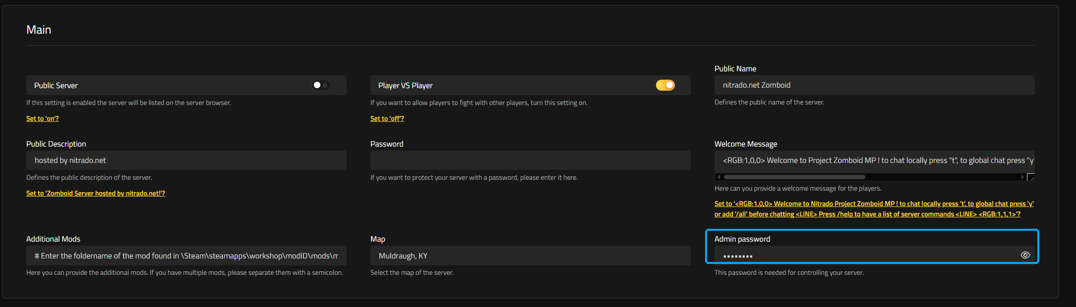 Il campo Password Admin nella sezione Principale di Impostazioni > Generale nell’Interfaccia Web Nitrado” /></p>
<li>Ora apri Project Zomboid e seleziona <b>Multiplayer</b> dal menu principale.</li>
<p><<img style=