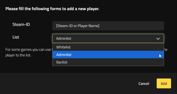 Modifica la lista degli admin del server