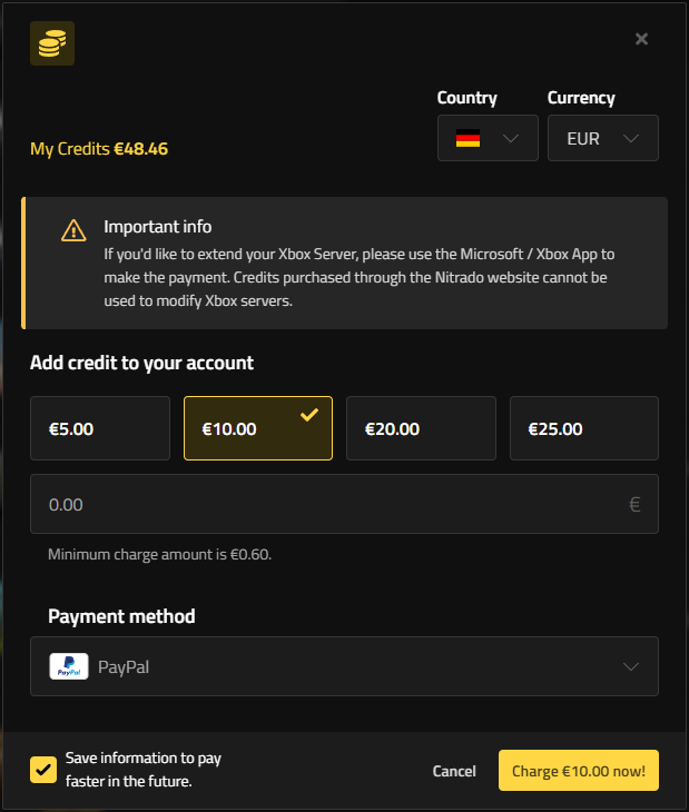How to Charge Your Nitrado Account - Select Credit Amount & Other Details