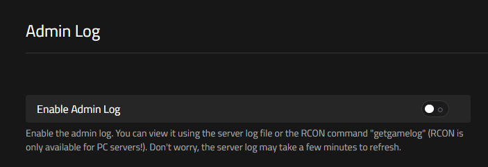 ARK: Survival Evolved General Settings showing the Admin Log section with the Enable Admin Log and Admin public chat logging checkboxes