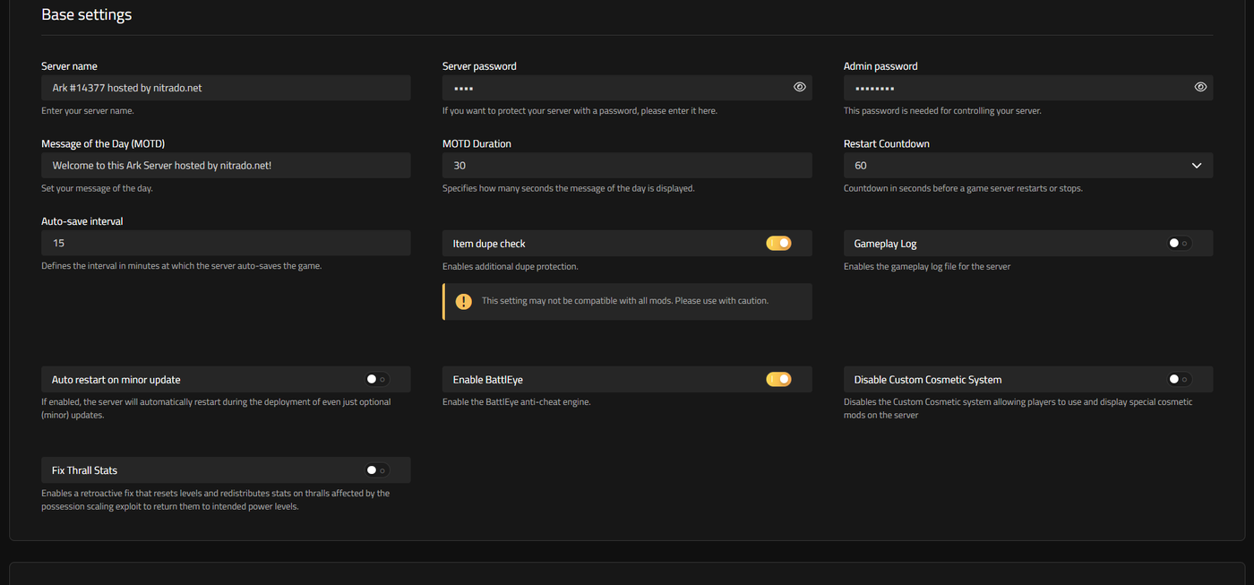 Nitrado Web Interface Base Settings page after selecting General in the Settings menu
