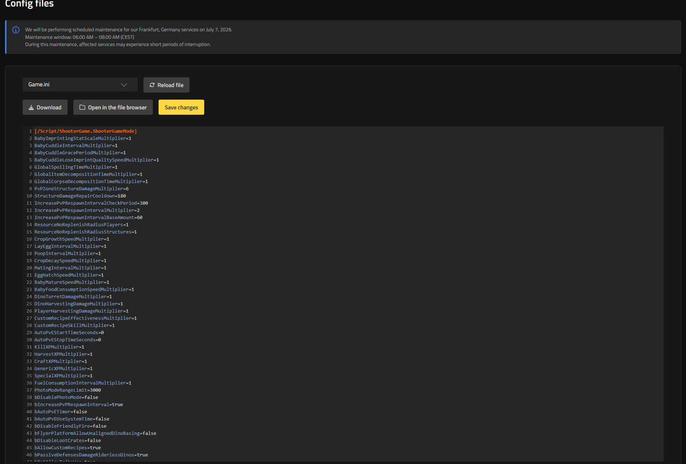 Nitrado Web Interface Config Files editor landing page for ARK: Survival Ascended