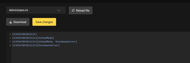 AdminUsers.ini ouvert dans l'éditeur de fichiers de configuration avec des exemples de Steam64 ID et de balises de permission