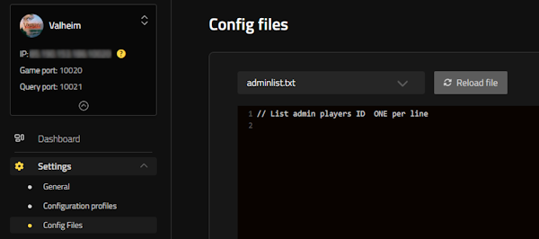 adminlist.txt aperto sotto Impostazioni > File di configurazione nell'interfaccia web di Nitrado