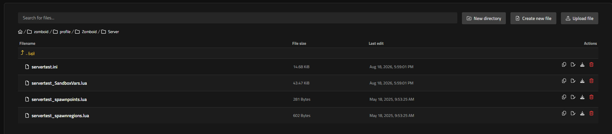 Project Zomboid configuration files in the Nitrado File Browser