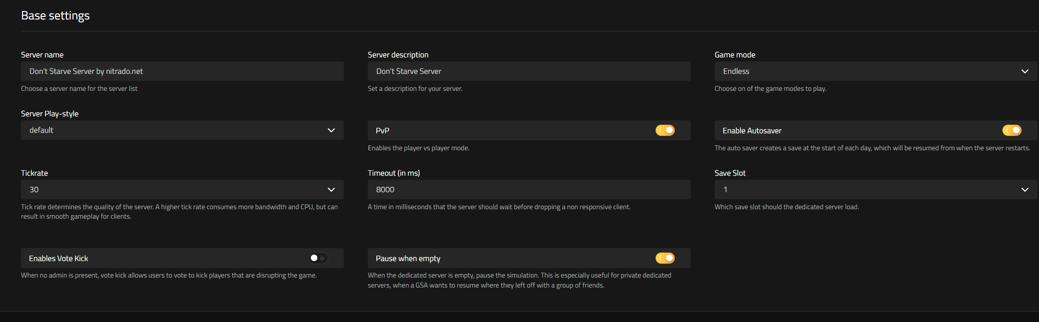 Base settings section in the Nitrado Web Interface for a Don't Starve Together server