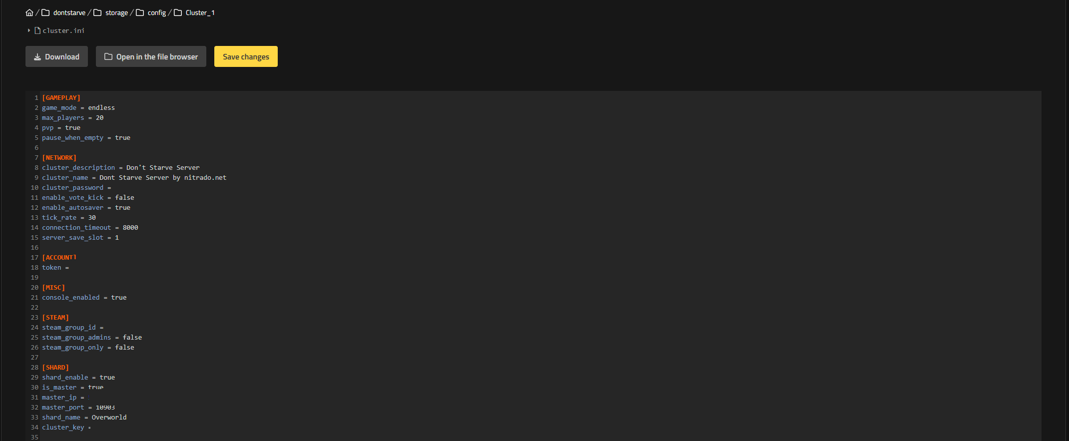 The cluster.ini file open in the Nitrado Web Interface Config Files editor