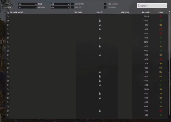 Browser dei server di SCUM con campo di ricerca ed elenco dei server