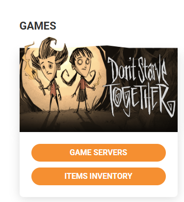 Klei Games page showing the Don't Starve Together card with the GAME SERVERS and ITEMS INVENTORY buttons