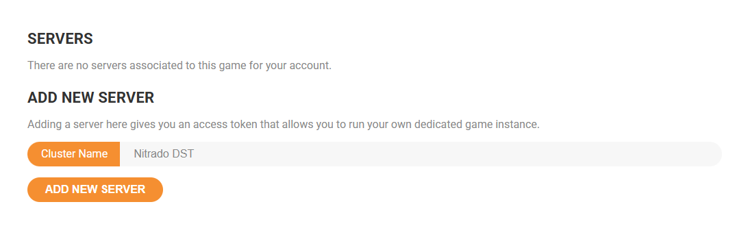 Klei Servers page with no servers listed yet, showing the Cluster Name field and the ADD NEW SERVER button