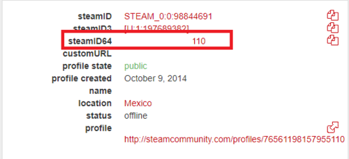 steamid.io results page with the steamID64 value boxed