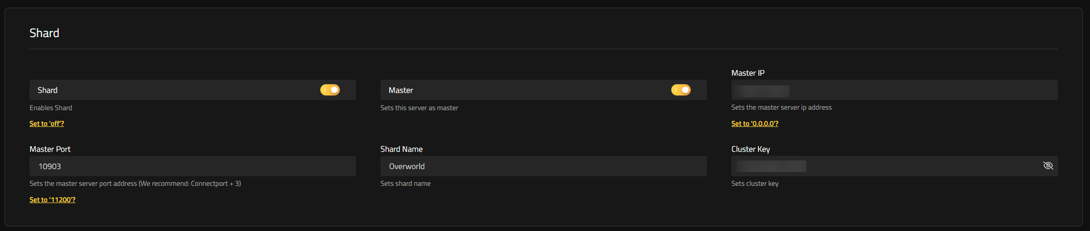 Sección Shard en el Webinterface de Nitrado para un servidor de Don't Starve Together, con Shard y Master activados y el Puerto de Master configurado.
