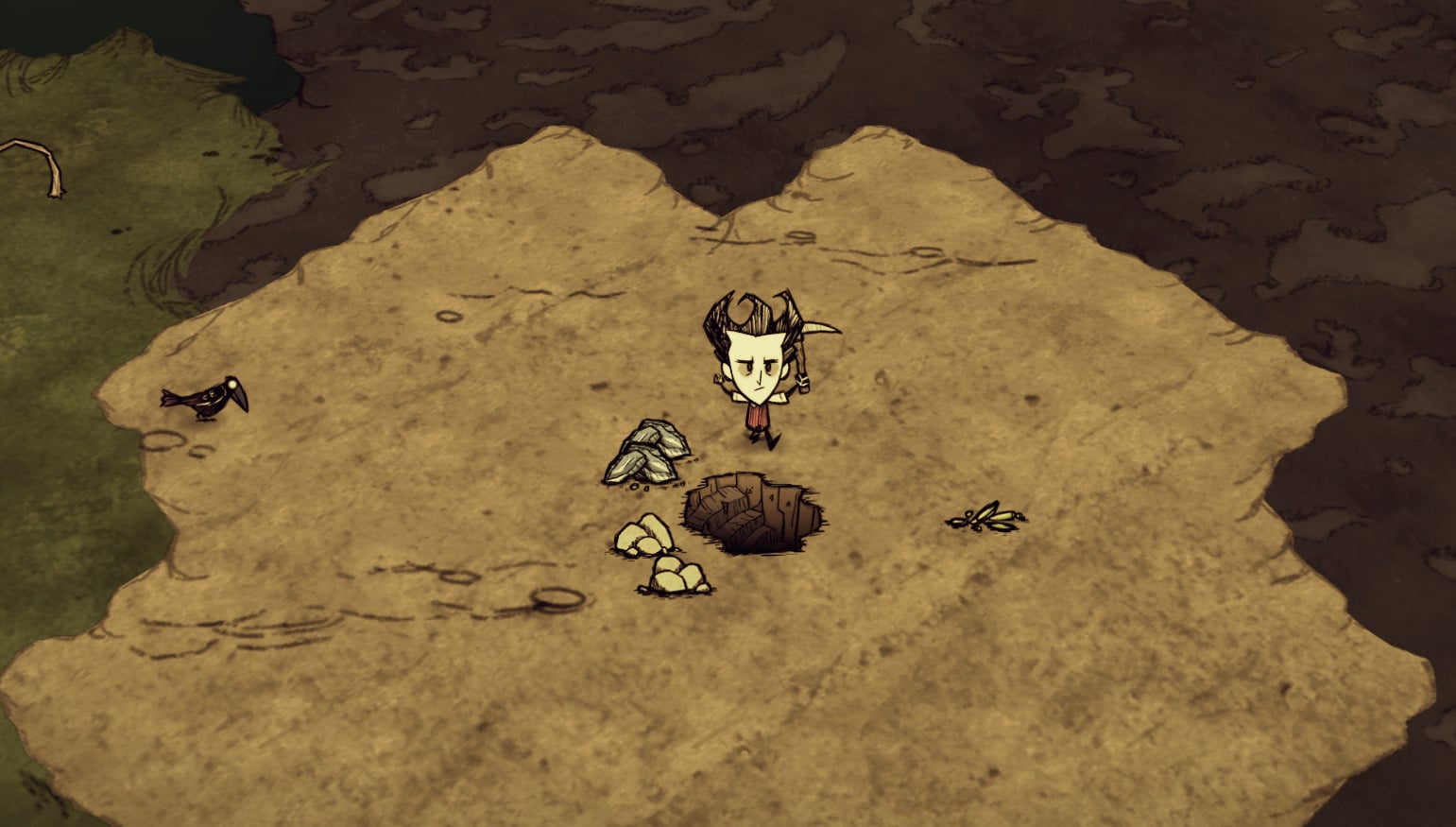 Personaje de Don't Starve Together al lado de una sima abierta en la superficie.
