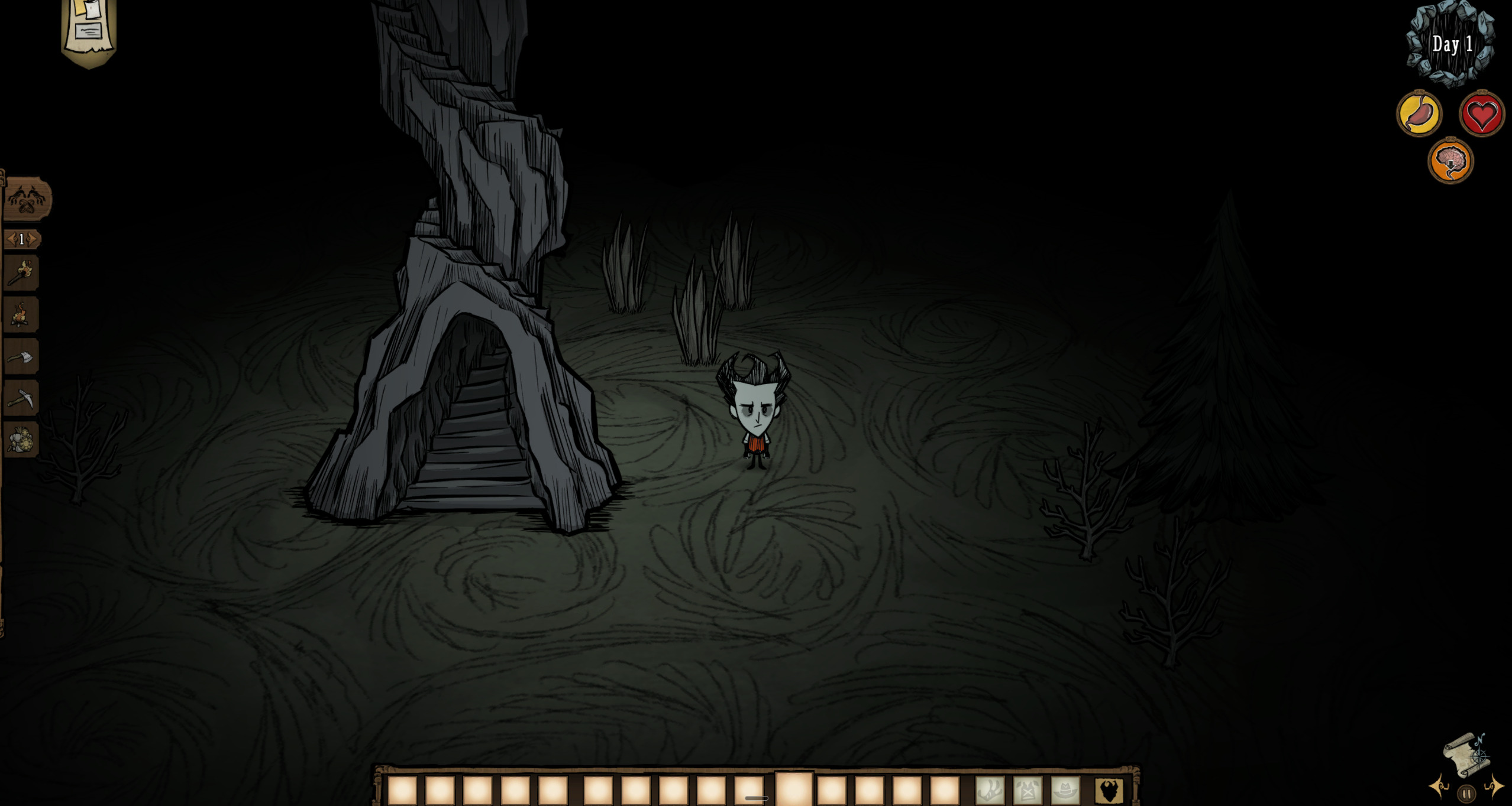 Personaje de Don't Starve Together en las cuevas junto a una escalera de piedra para salir de la cueva.