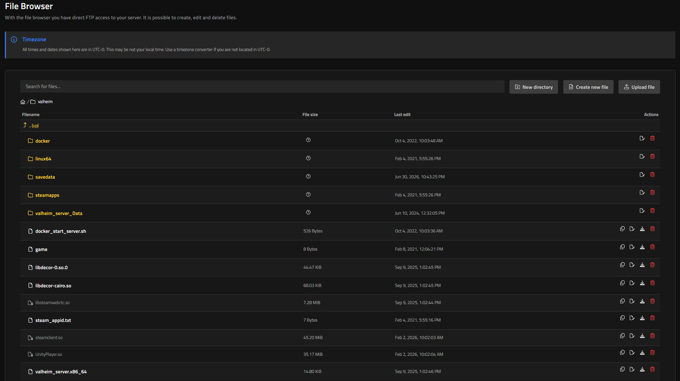 Nitrado Web Interface File Browser showing the valheim folder with savedata