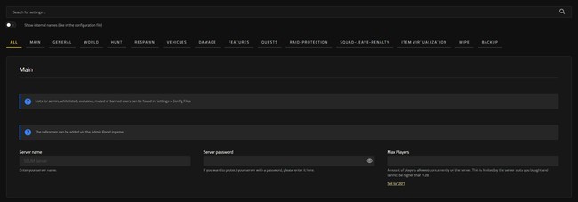 Impostazioni del server SCUM nell'Interfaccia Web Nitrado con la scheda Principale, nome server, password e giocatori massimi