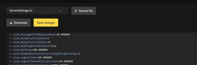 File ServerSettings.ini aperto nell'editor dei file di configurazione dell'Interfaccia Web Nitrado