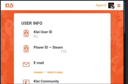 Pannello User Info dell'account Klei con evidenziato il campo Klei User ID