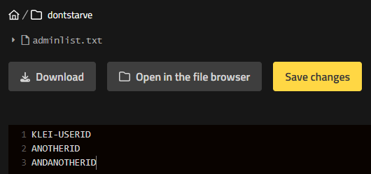File adminlist.txt aperto nell'editor file dell'Interfaccia Web Nitrado con ID Utente Klei di esempio