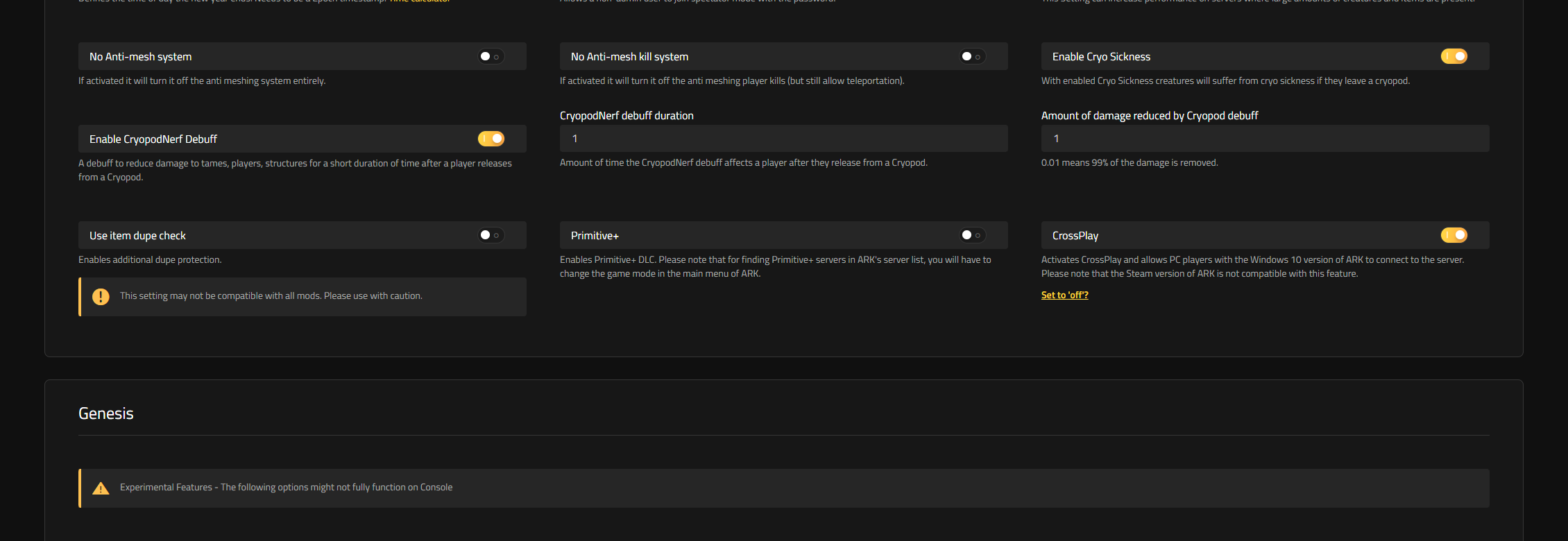 The CrossPlay toggle in the Web Interface for an ARK: Survival Evolved server