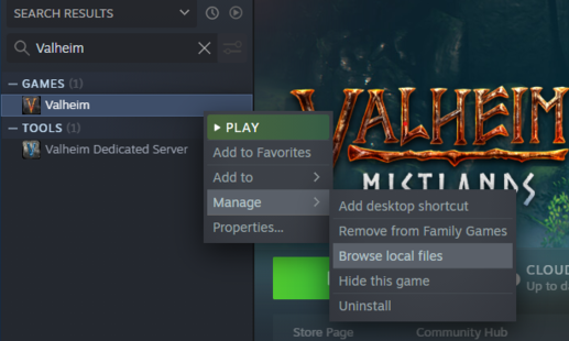 Steam Manage menu with the Browse local files option for Valheim