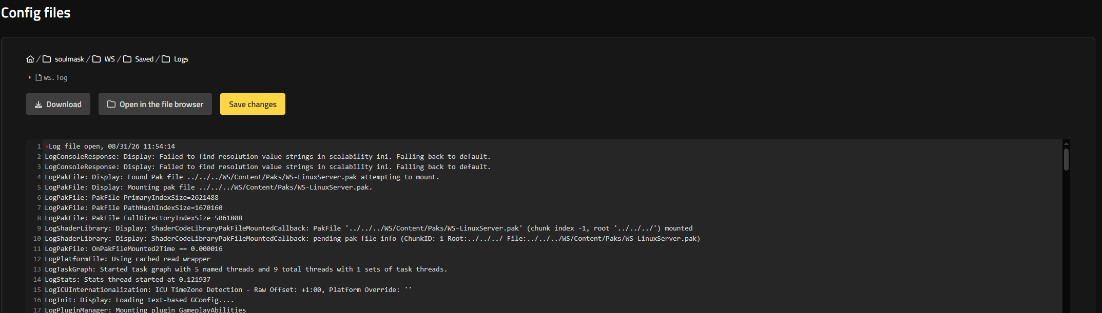 WS.log aperto nell'editor di file del Web Interface Nitrado con il registro del server Soulmask