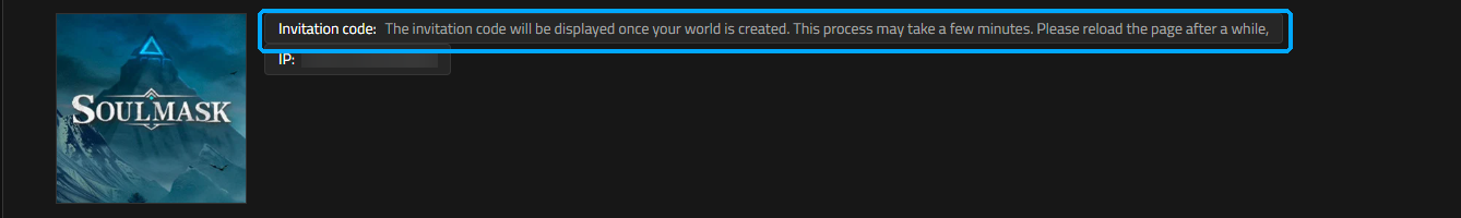 Avviso del codice di invito nella sezione Stato del Server della Dashboard di Soulmask