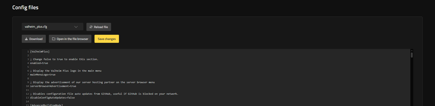The Config Files page in the Nitrado Web Interface with valheim_plus.cfg open in the editor