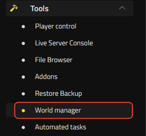 The Nitrado Web Interface sidebar with Tools expanded and World manager highlighted