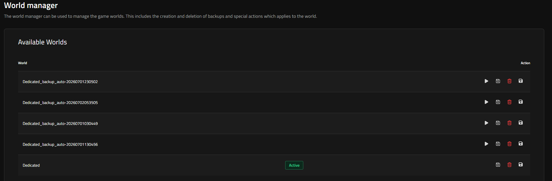 The World manager page showing the Available Worlds list for a Valheim server